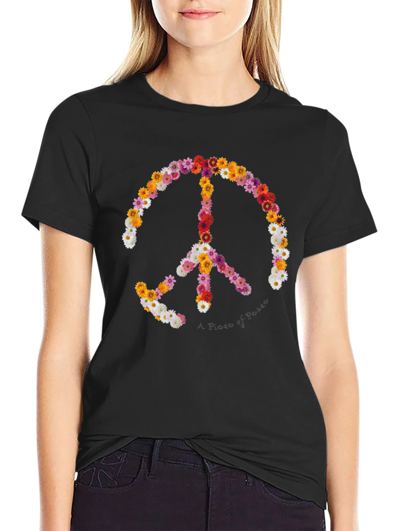 Camiseta Negra con Símbolo de la Paz Floral