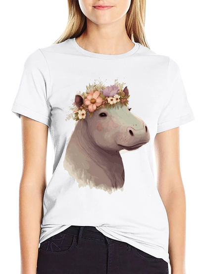 Camiseta Negra con Hipopótamo Floral