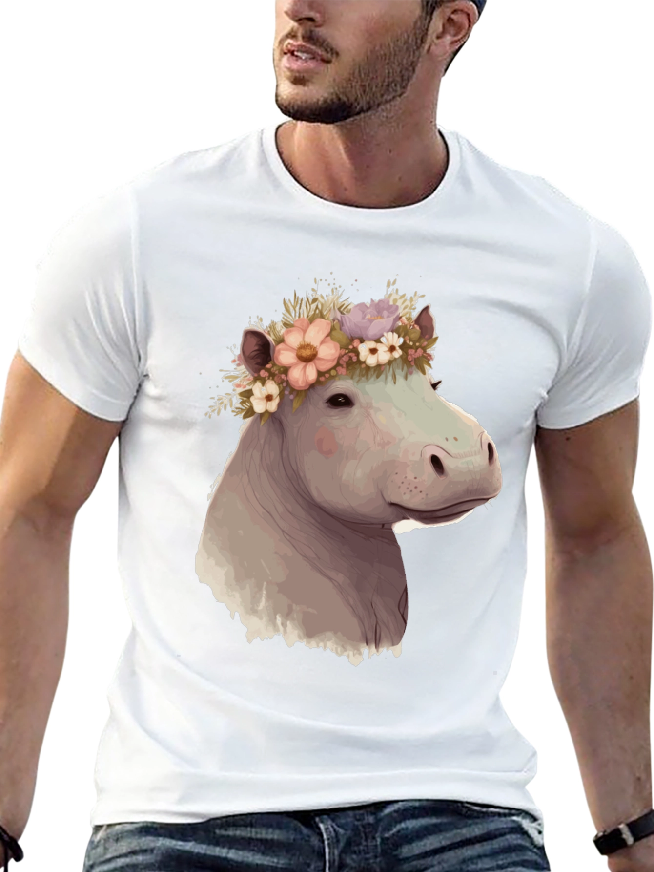 Camiseta Negra con Hipopótamo Floral