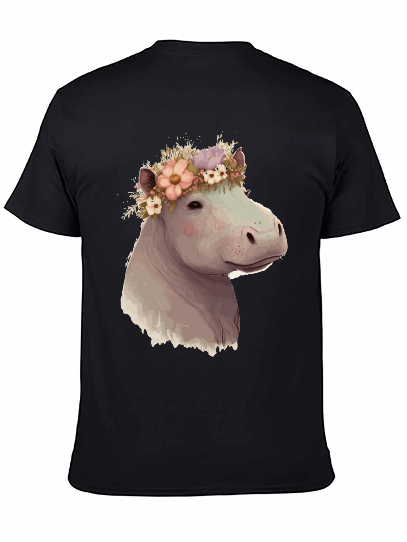Camiseta Negra con Hipopótamo Floral