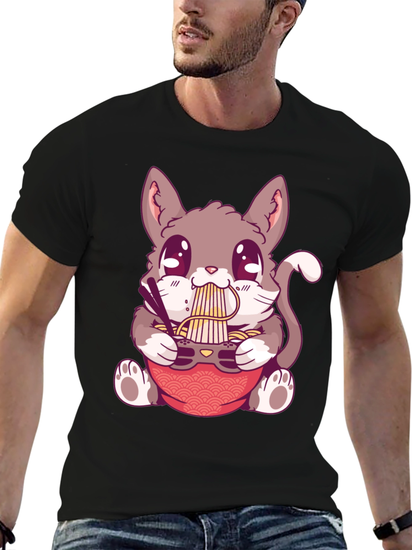 Camiseta Negra con Diseño de Gato Comiendo Ramen
