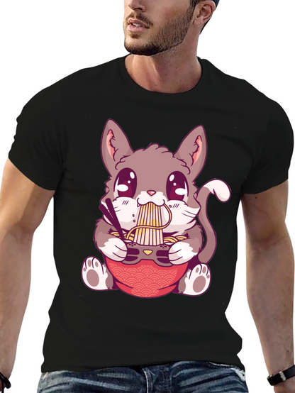 Camiseta Negra con Diseño de Gato Comiendo Ramen