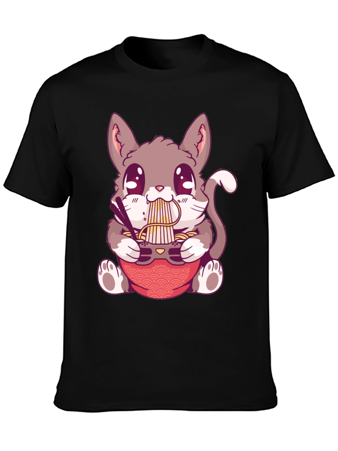 Camiseta Negra con Diseño de Gato Comiendo Ramen