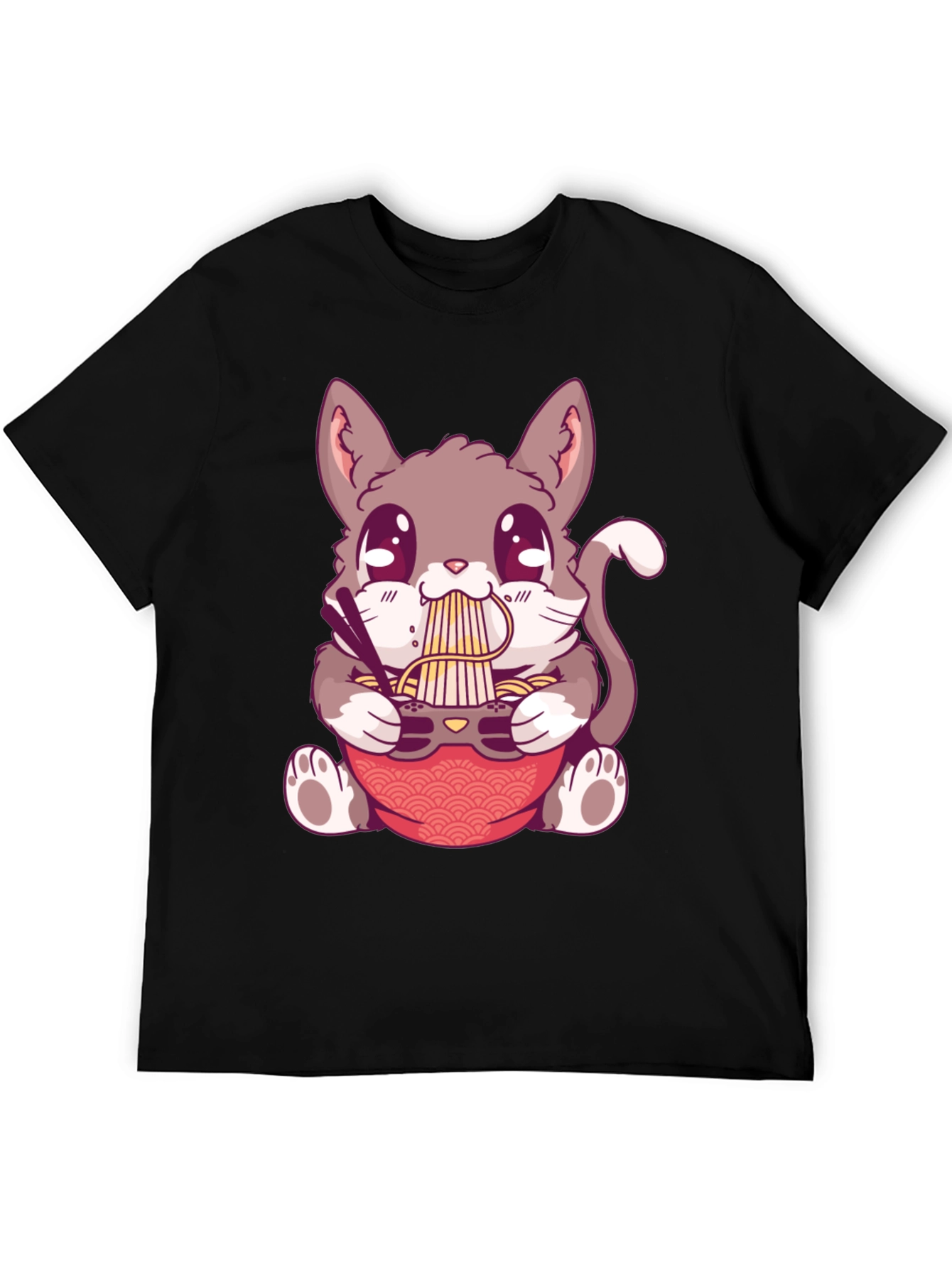 Camiseta Negra con Diseño de Gato Comiendo Ramen