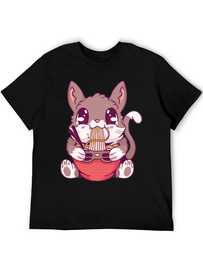 Camiseta Negra con Diseño de Gato Comiendo Ramen
