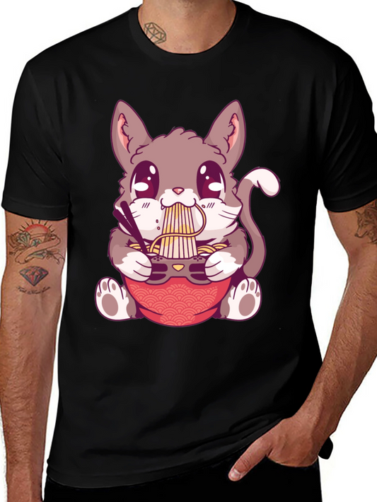 Camiseta Negra con Diseño de Gato Comiendo Ramen