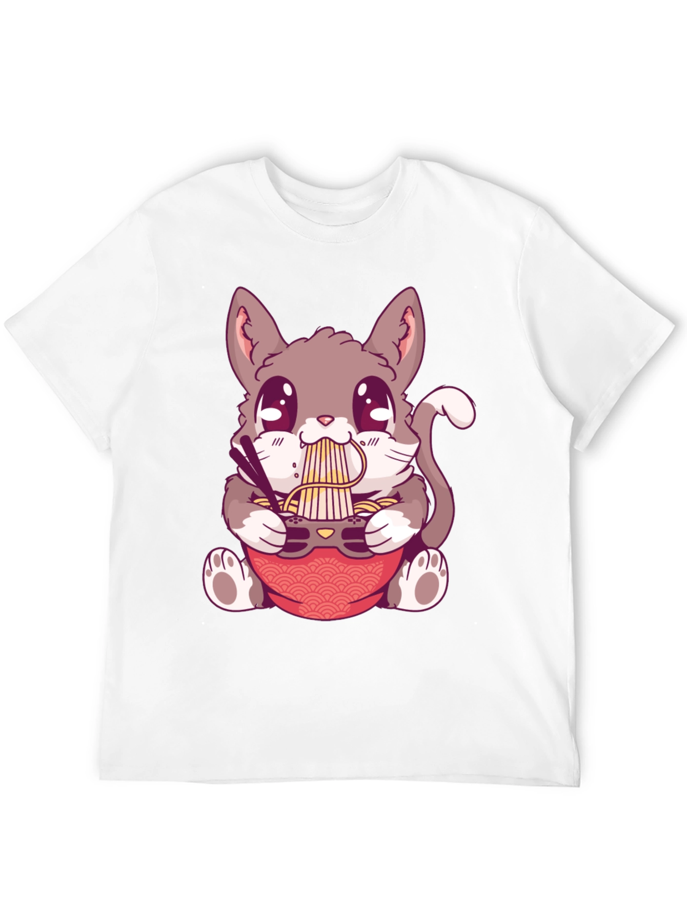 Camiseta Negra con Diseño de Gato Comiendo Ramen