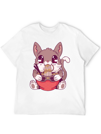 Camiseta Negra con Diseño de Gato Comiendo Ramen