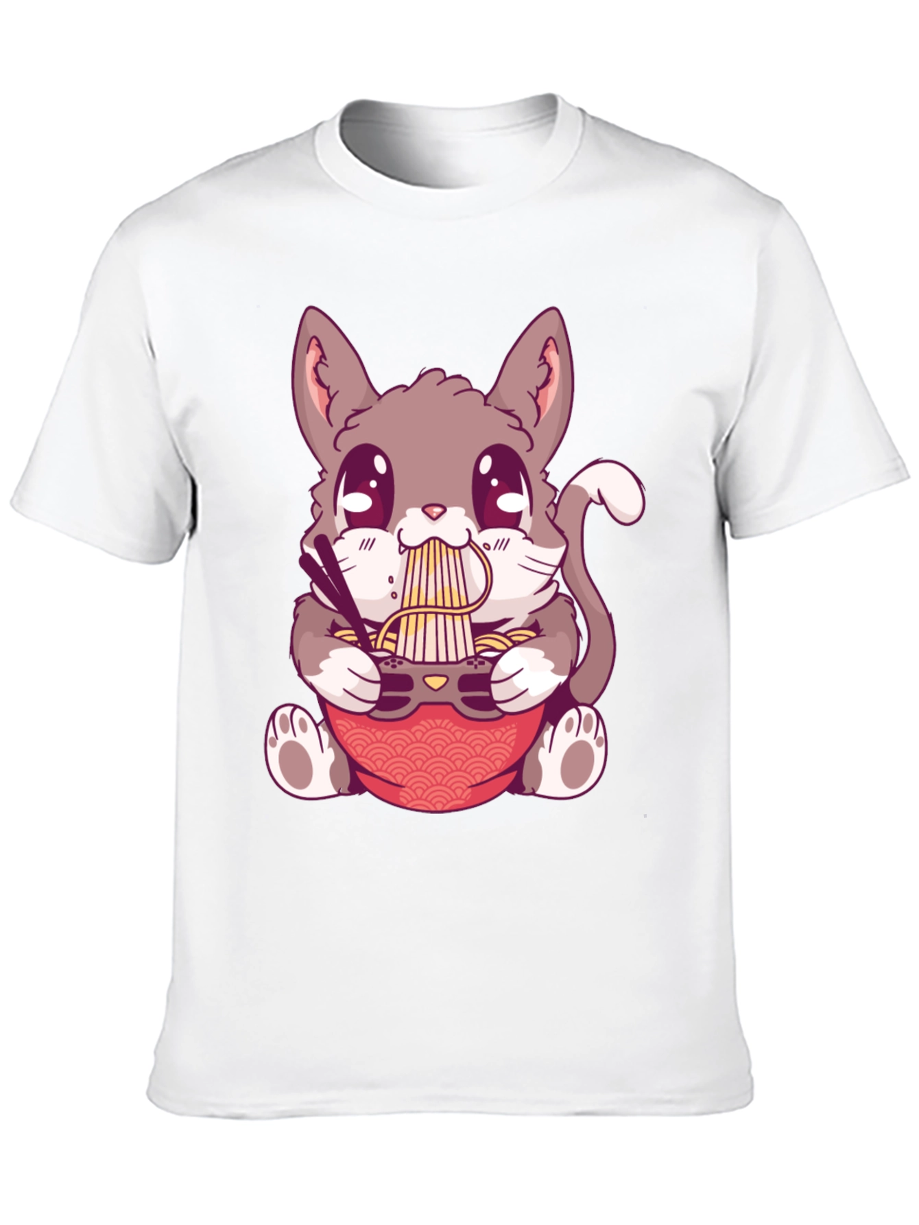Camiseta Negra con Diseño de Gato Comiendo Ramen