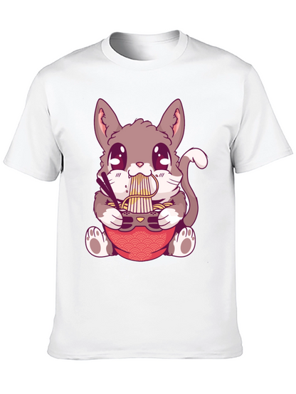 Camiseta Negra con Diseño de Gato Comiendo Ramen