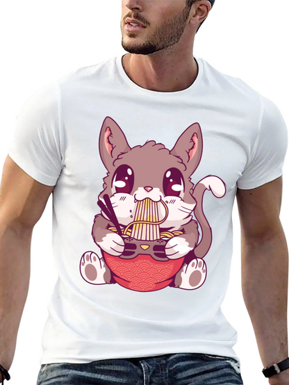 Camiseta Negra con Diseño de Gato Comiendo Ramen