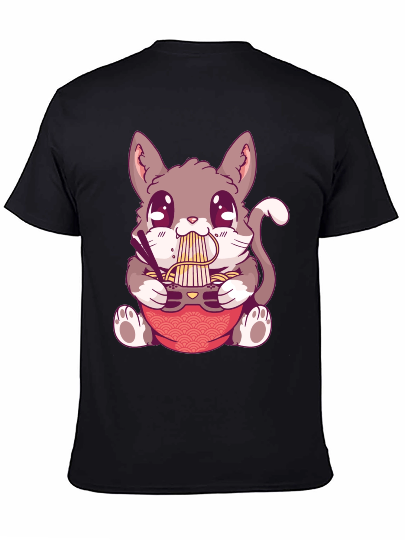 Camiseta Negra con Diseño de Gato Comiendo Ramen