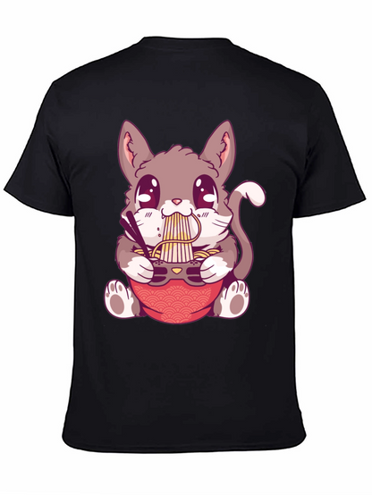 Camiseta Negra con Diseño de Gato Comiendo Ramen