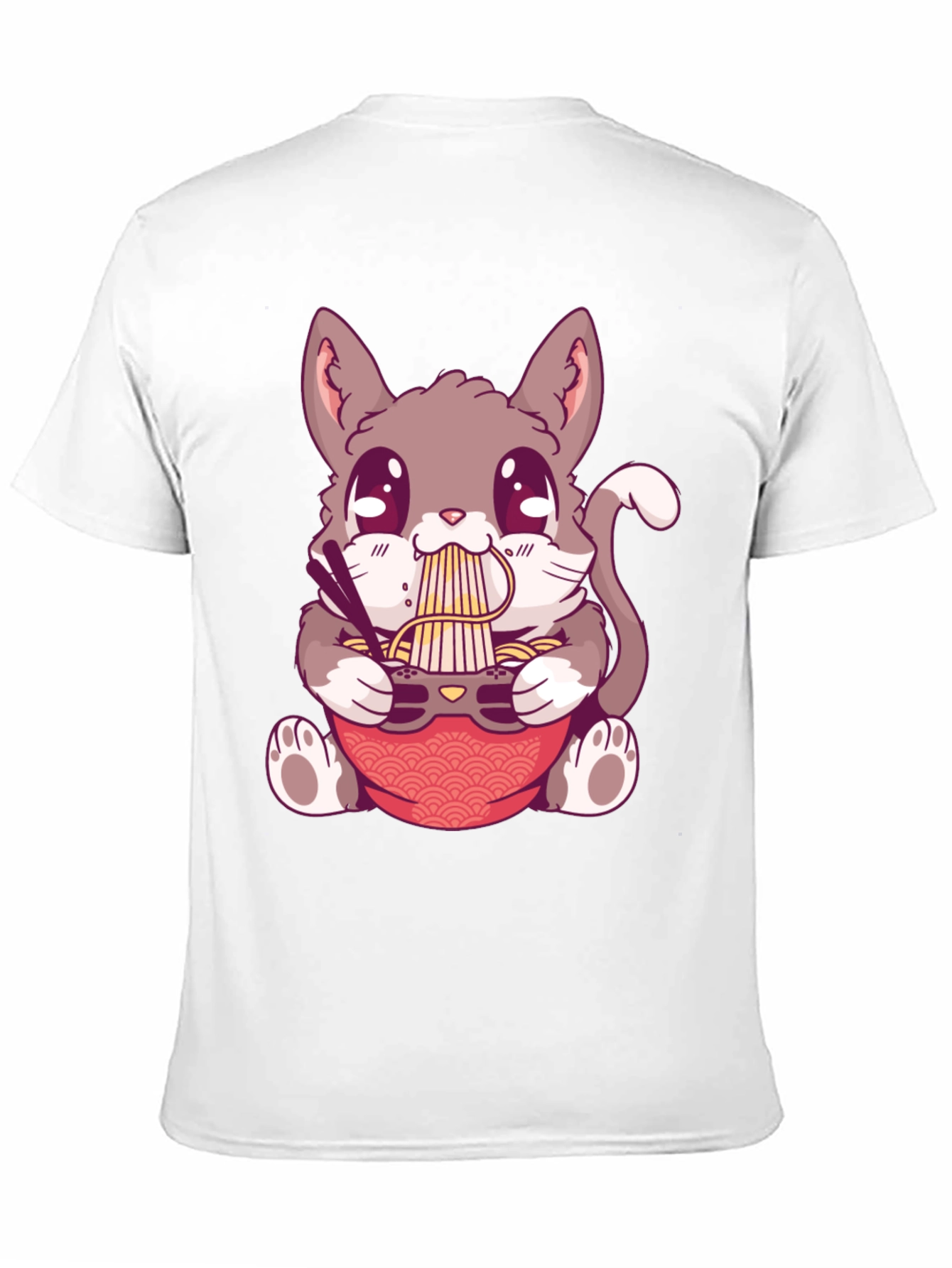 Camiseta Negra con Diseño de Gato Comiendo Ramen