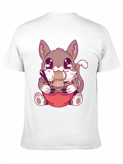 Camiseta Negra con Diseño de Gato Comiendo Ramen