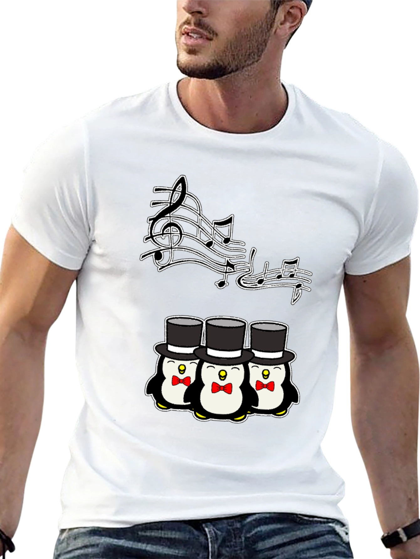 Camiseta Negra con Pingüinos Músicos