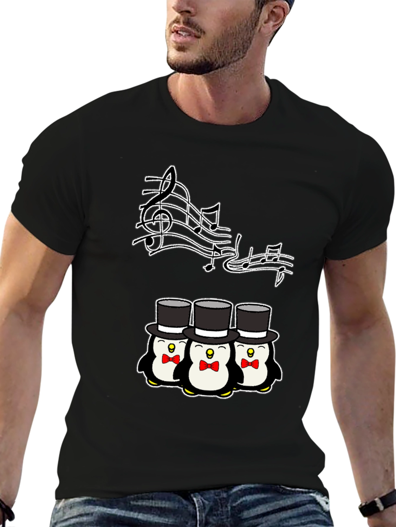 Camiseta Negra con Pingüinos Músicos