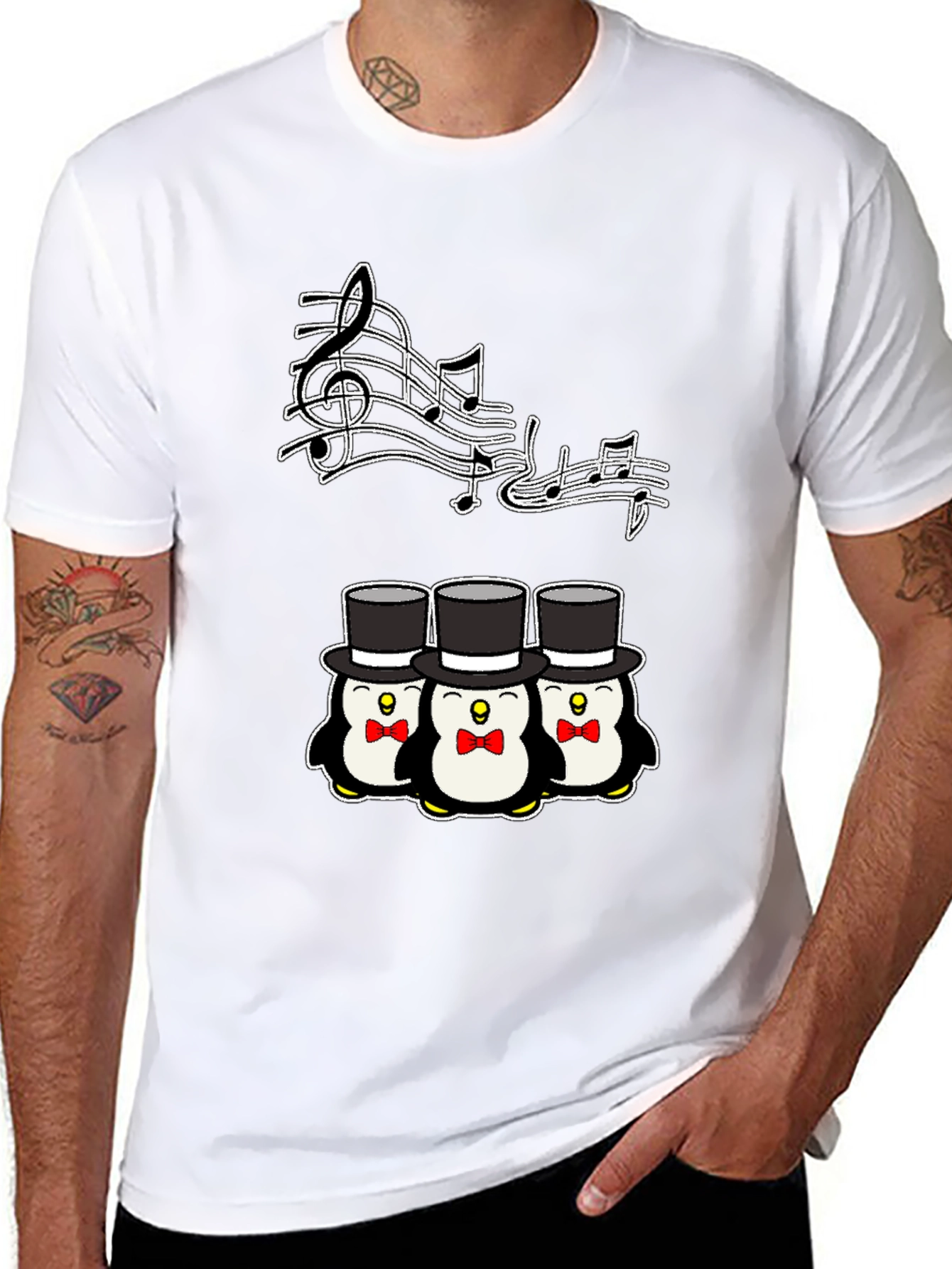 Camiseta Negra con Pingüinos Músicos