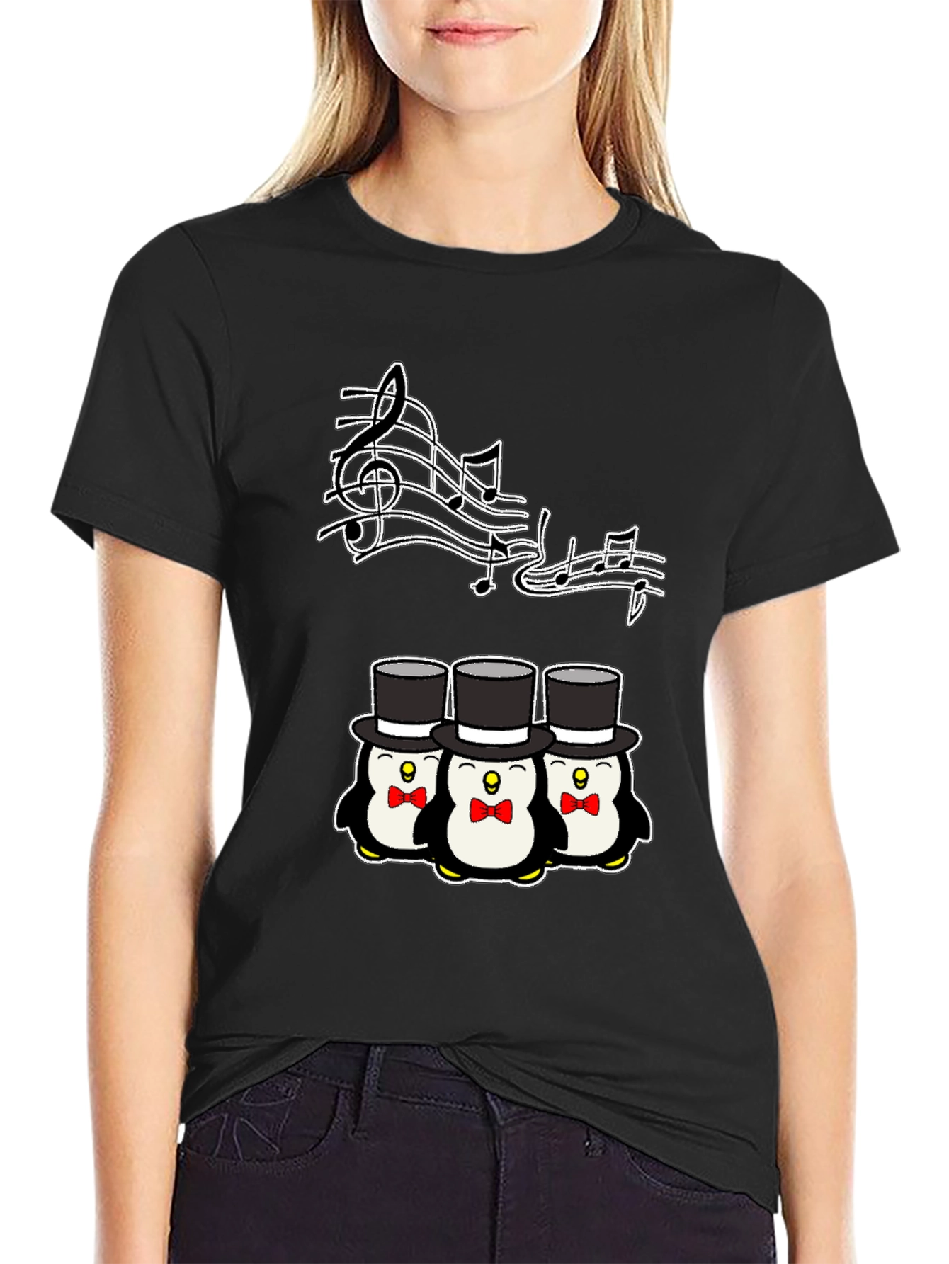 Camiseta Negra con Pingüinos Músicos
