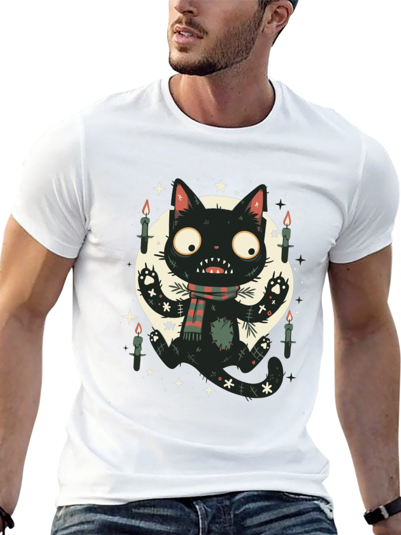 Camiseta Negra Gato Espeluznante con Bufanda
