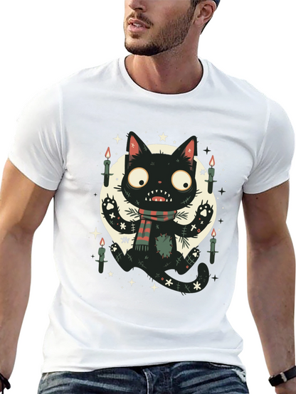 Camiseta Negra Gato Espeluznante con Bufanda