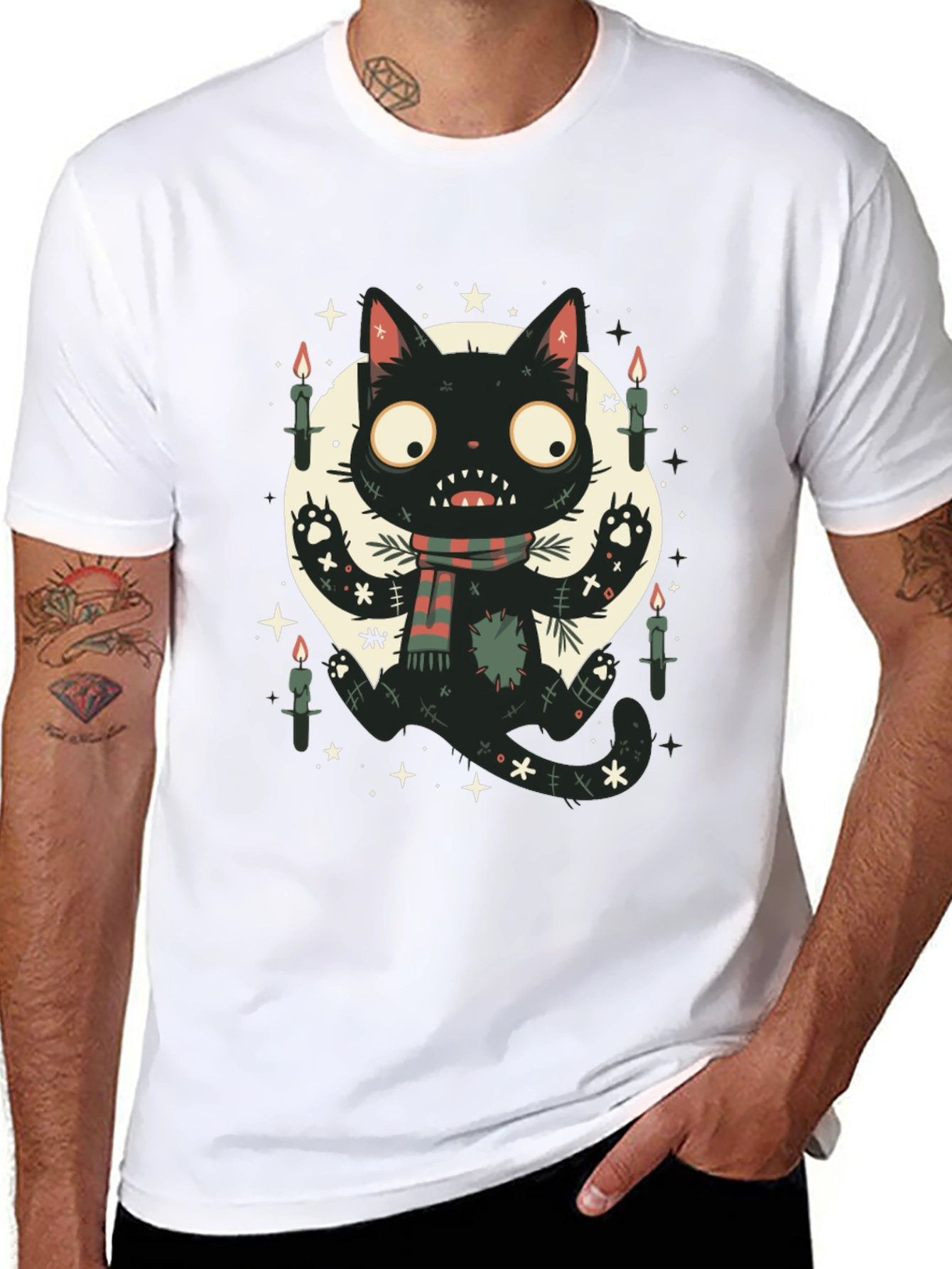 Camiseta Negra Gato Espeluznante con Bufanda