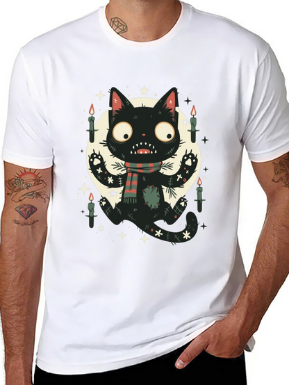 Camiseta Negra Gato Espeluznante con Bufanda