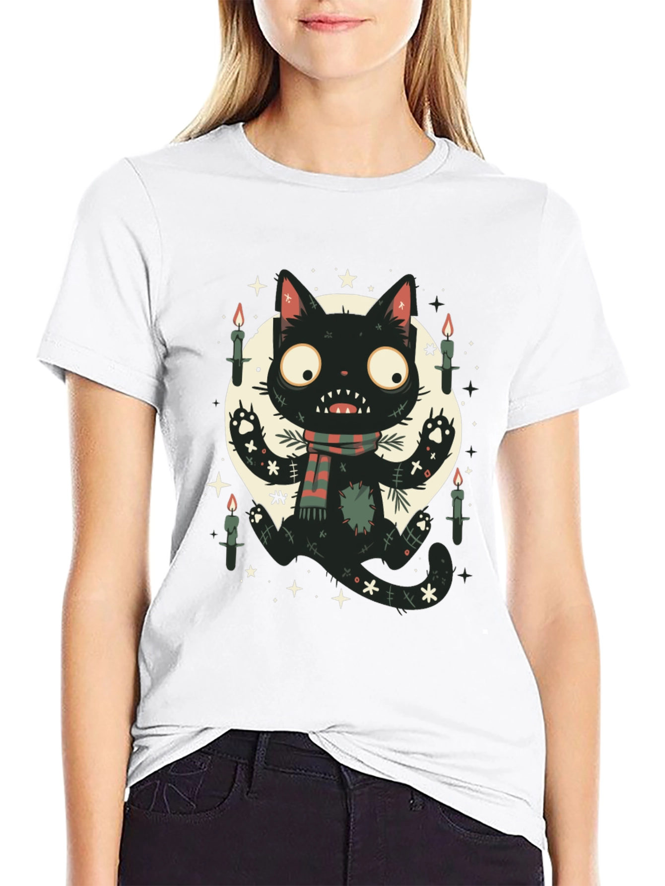 Camiseta Negra Gato Espeluznante con Bufanda