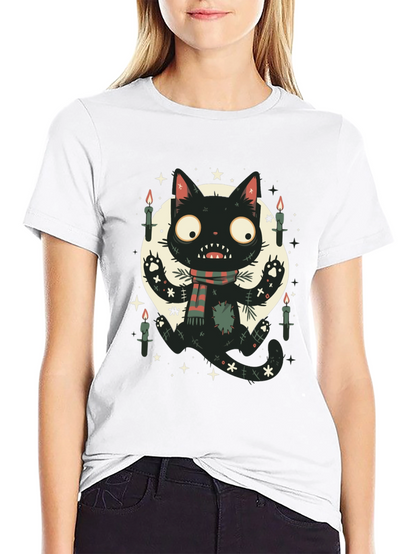 Camiseta Negra Gato Espeluznante con Bufanda