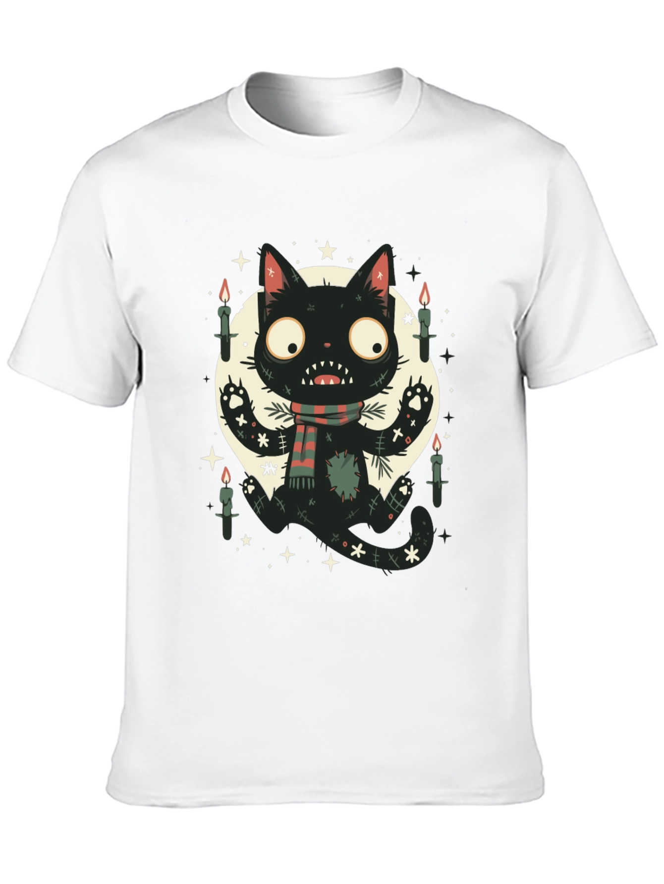 Camiseta Negra Gato Espeluznante con Bufanda