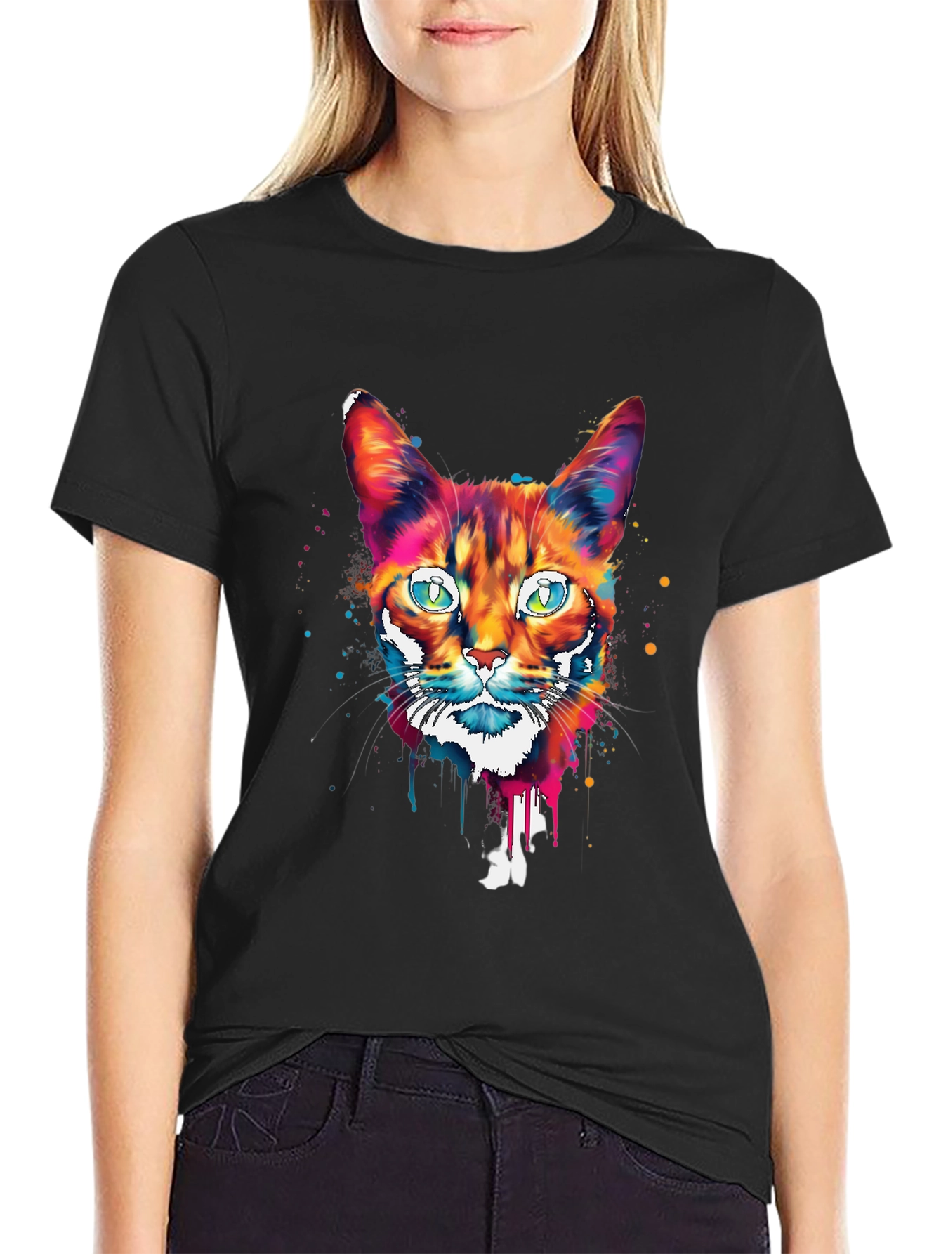 Camiseta Negra con Diseño de Gato Abstracto