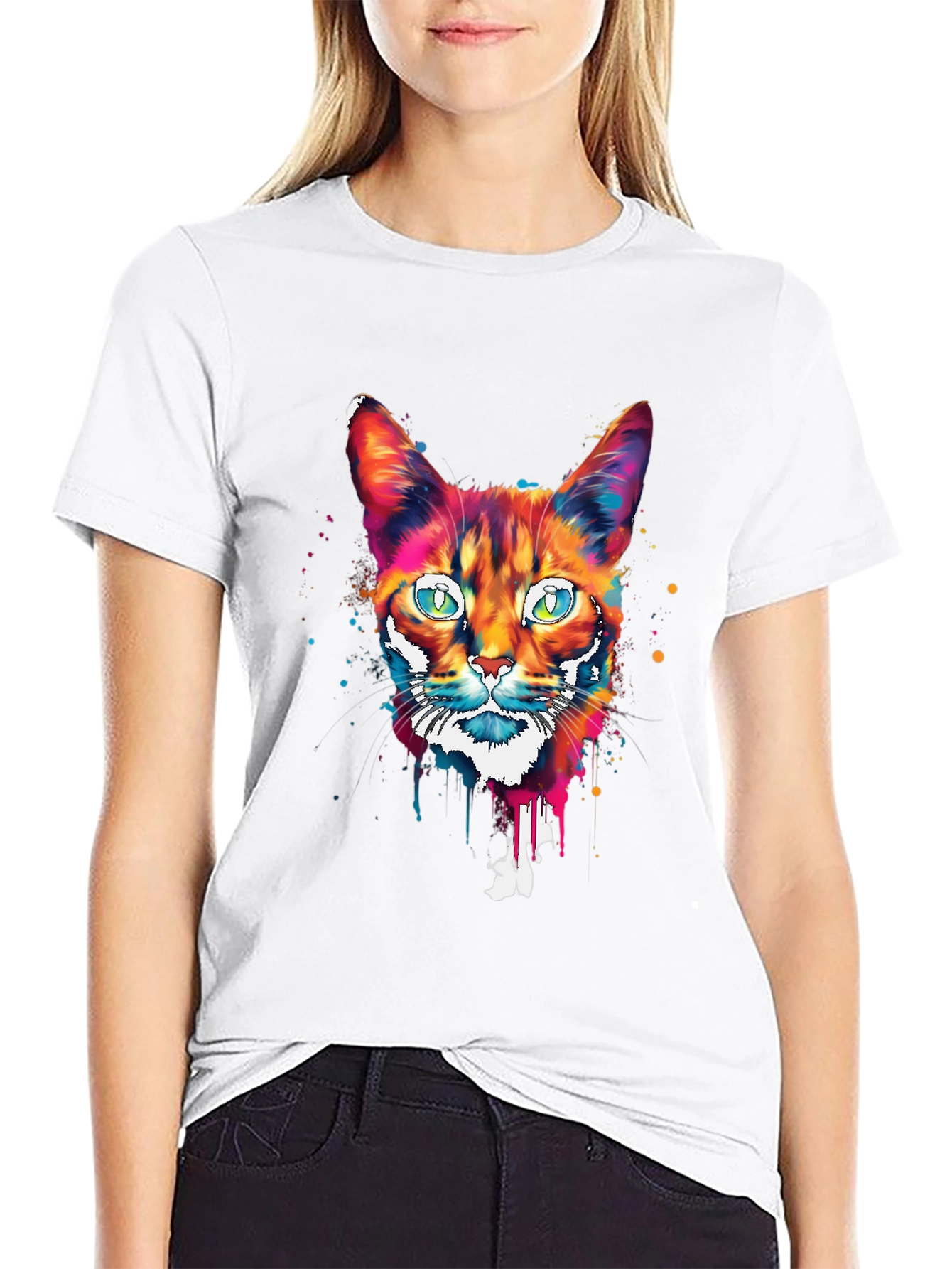 Camiseta Negra con Diseño de Gato Abstracto