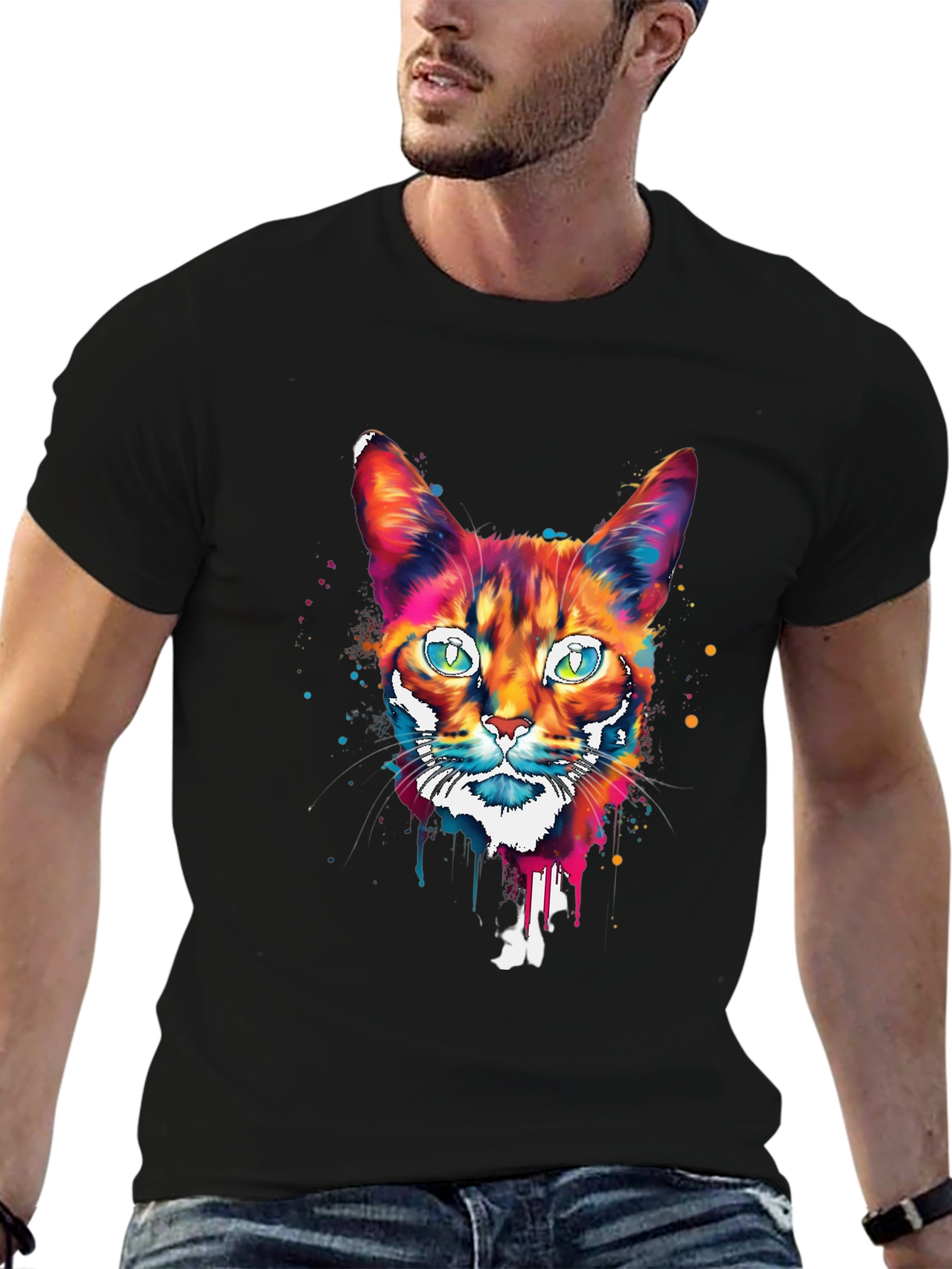 Camiseta Negra con Diseño de Gato Abstracto