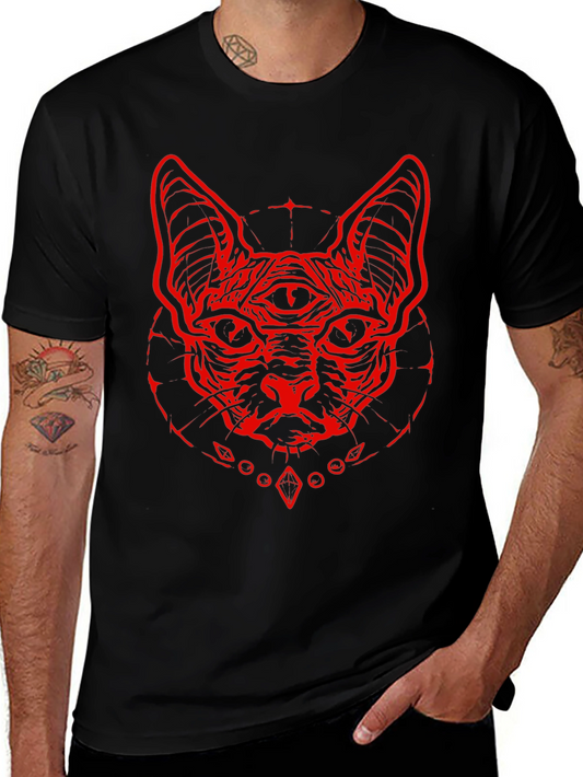 Camiseta Negra con Diseño de Gato de Tres Ojos Rojo