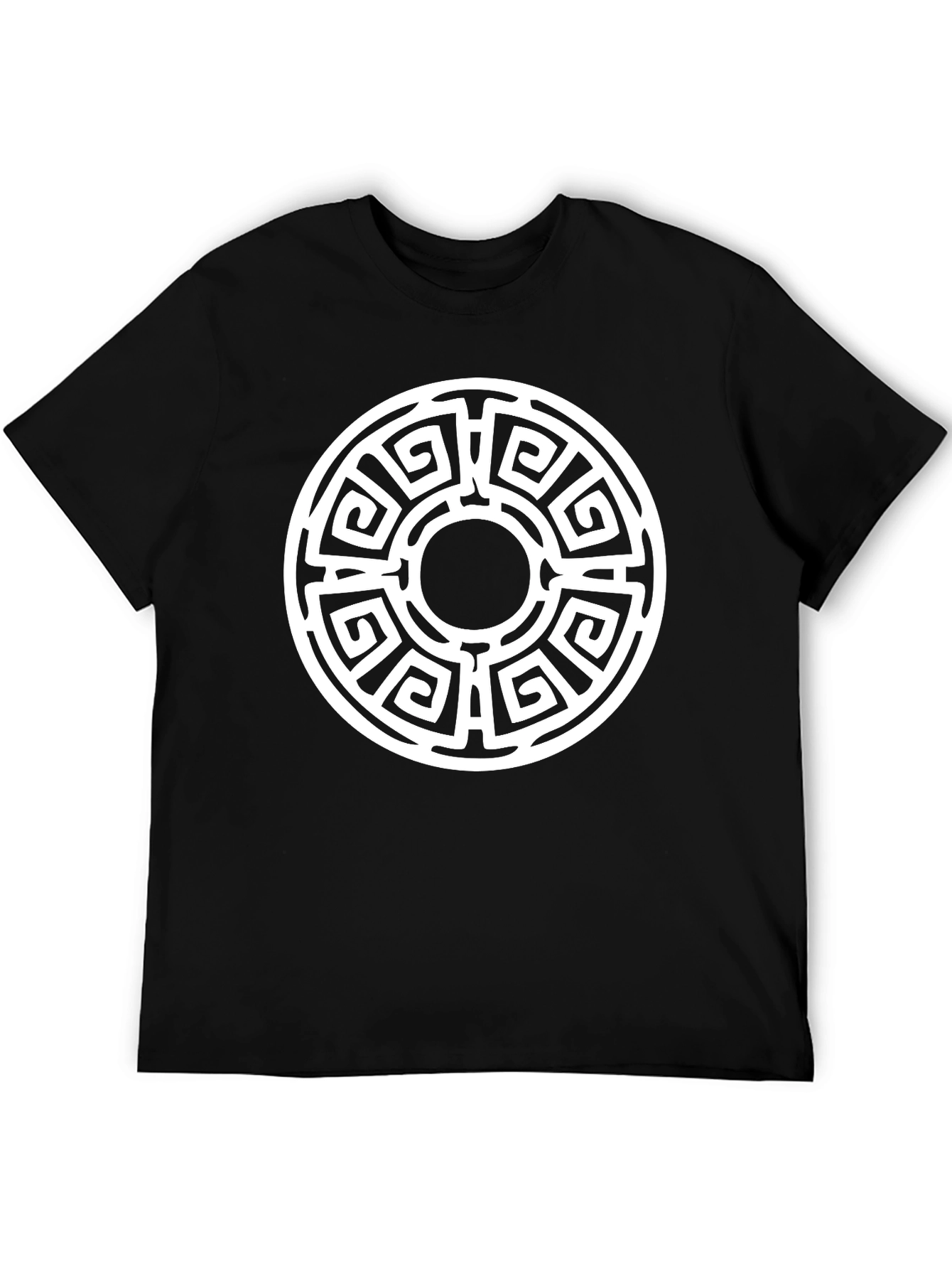 Camiseta Negra con Diseño Laberíntico Circular