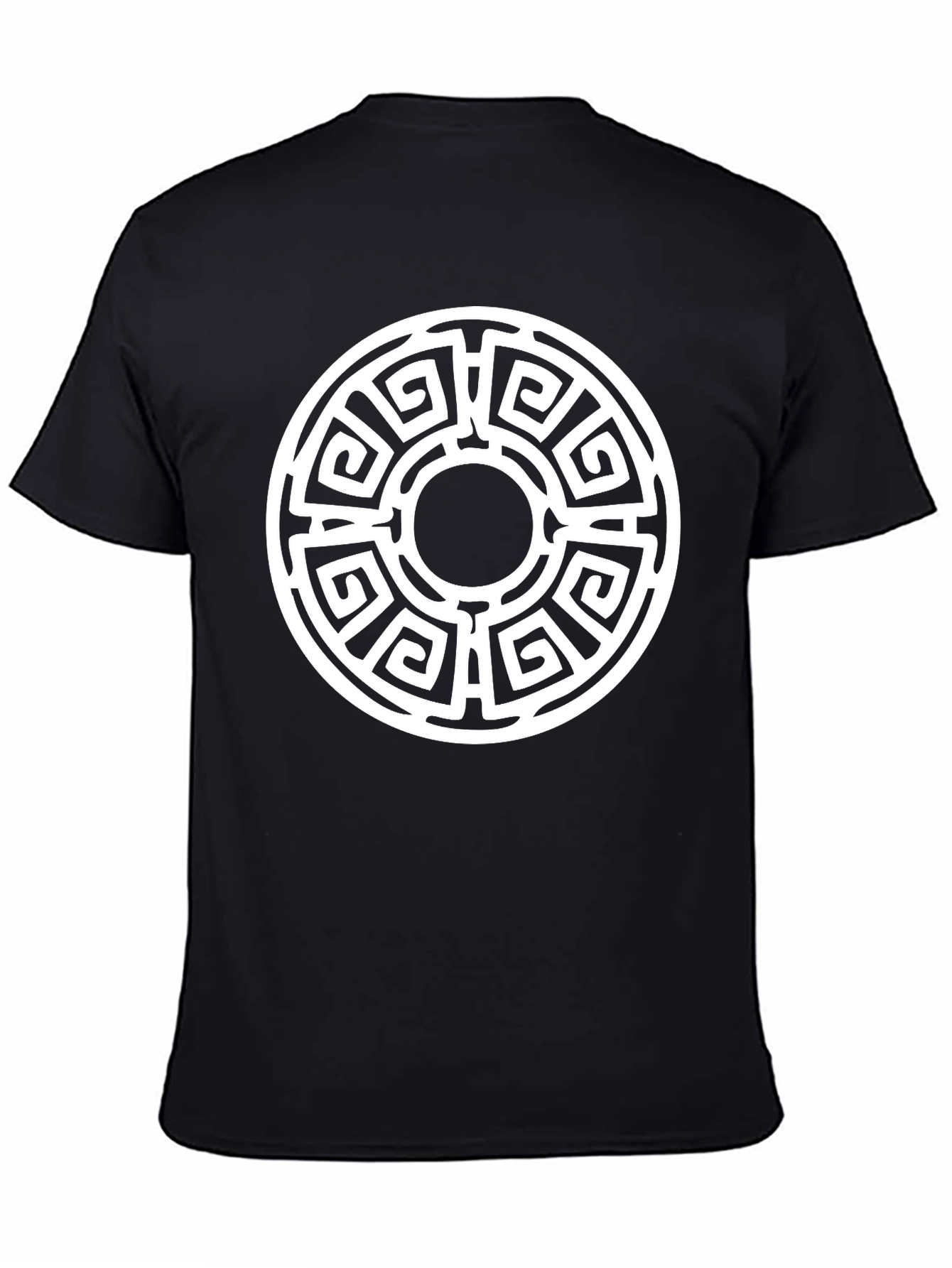 Camiseta Negra con Diseño Laberíntico Circular