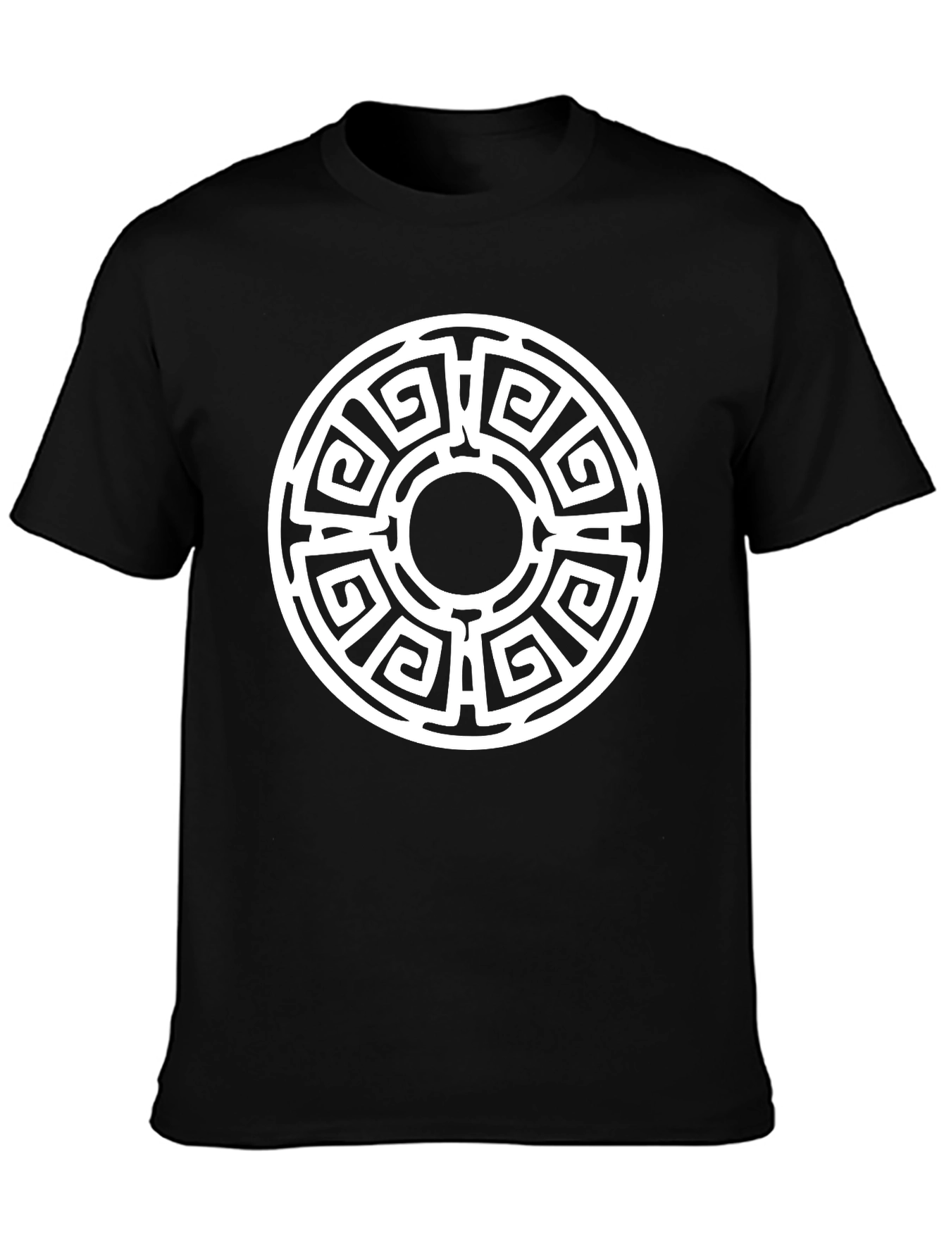 Camiseta Negra con Diseño Laberíntico Circular