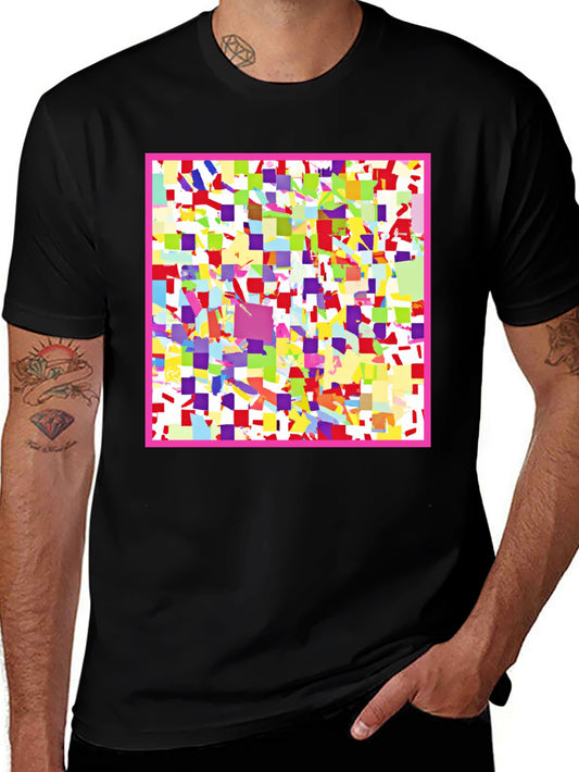 Camiseta Negra con Diseño Abstracto de Cuadrados Coloridos