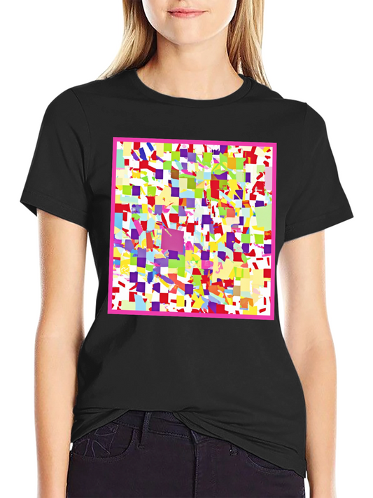 Camiseta Negra con Diseño Abstracto de Cuadrados Coloridos