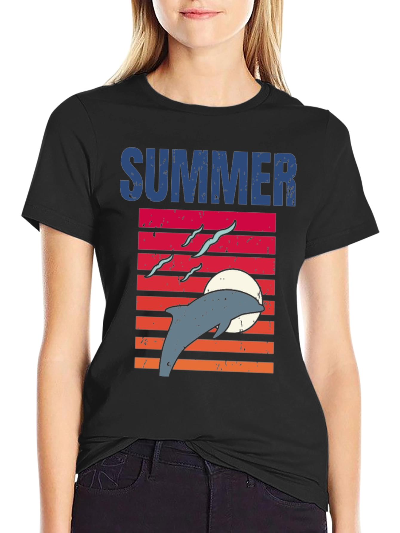 Camiseta Negra Verano Delfín Atardecer