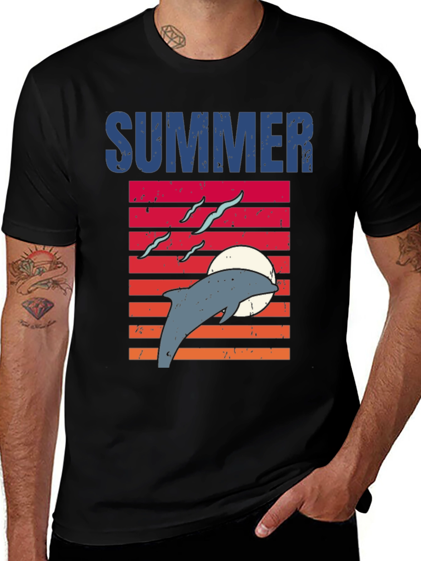 Camiseta Negra Verano Delfín Atardecer
