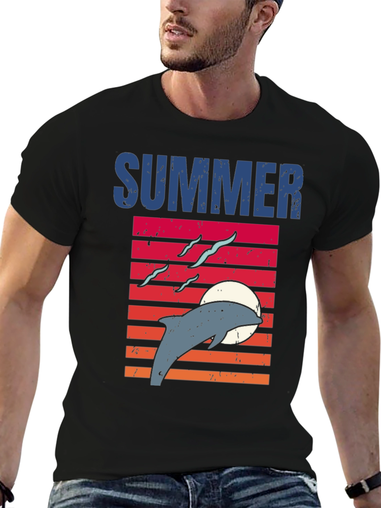 Camiseta Negra Verano Delfín Atardecer