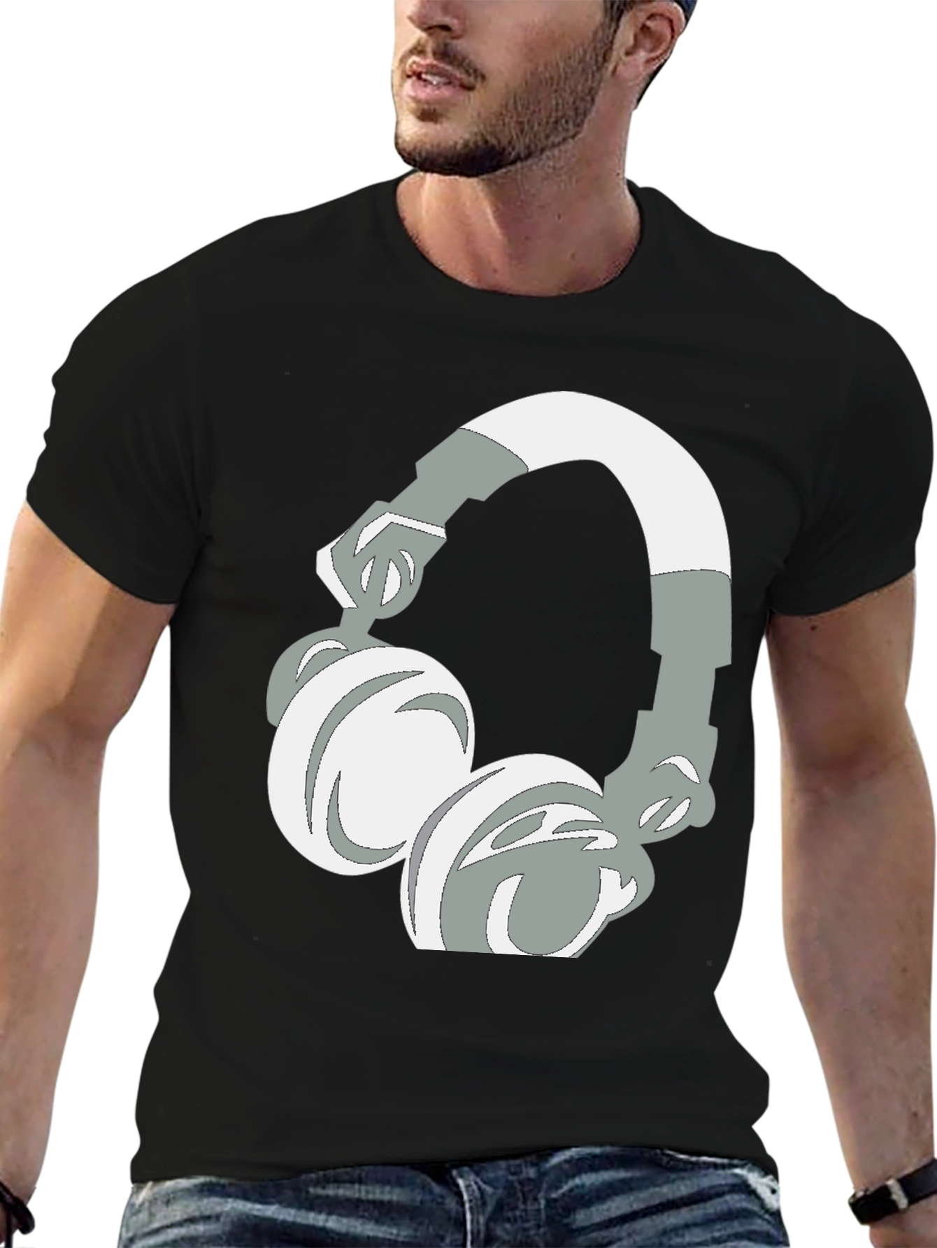 Camiseta Negra con Diseño de Audífonos Gráficos