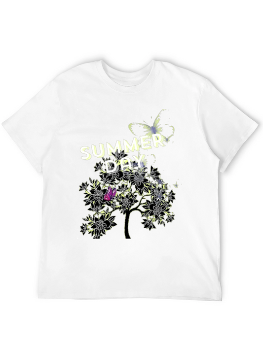 Camiseta Negra Día de Verano con Diseño Floral y Mariposa