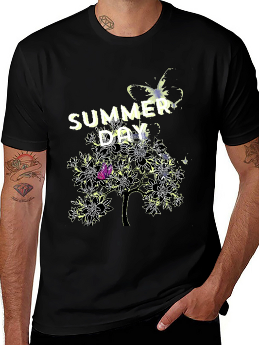 Camiseta Negra Día de Verano con Diseño Floral y Mariposa