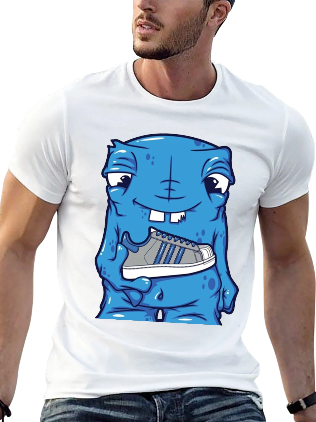 Camiseta Hombre: Monstruo Azul con Zapatilla