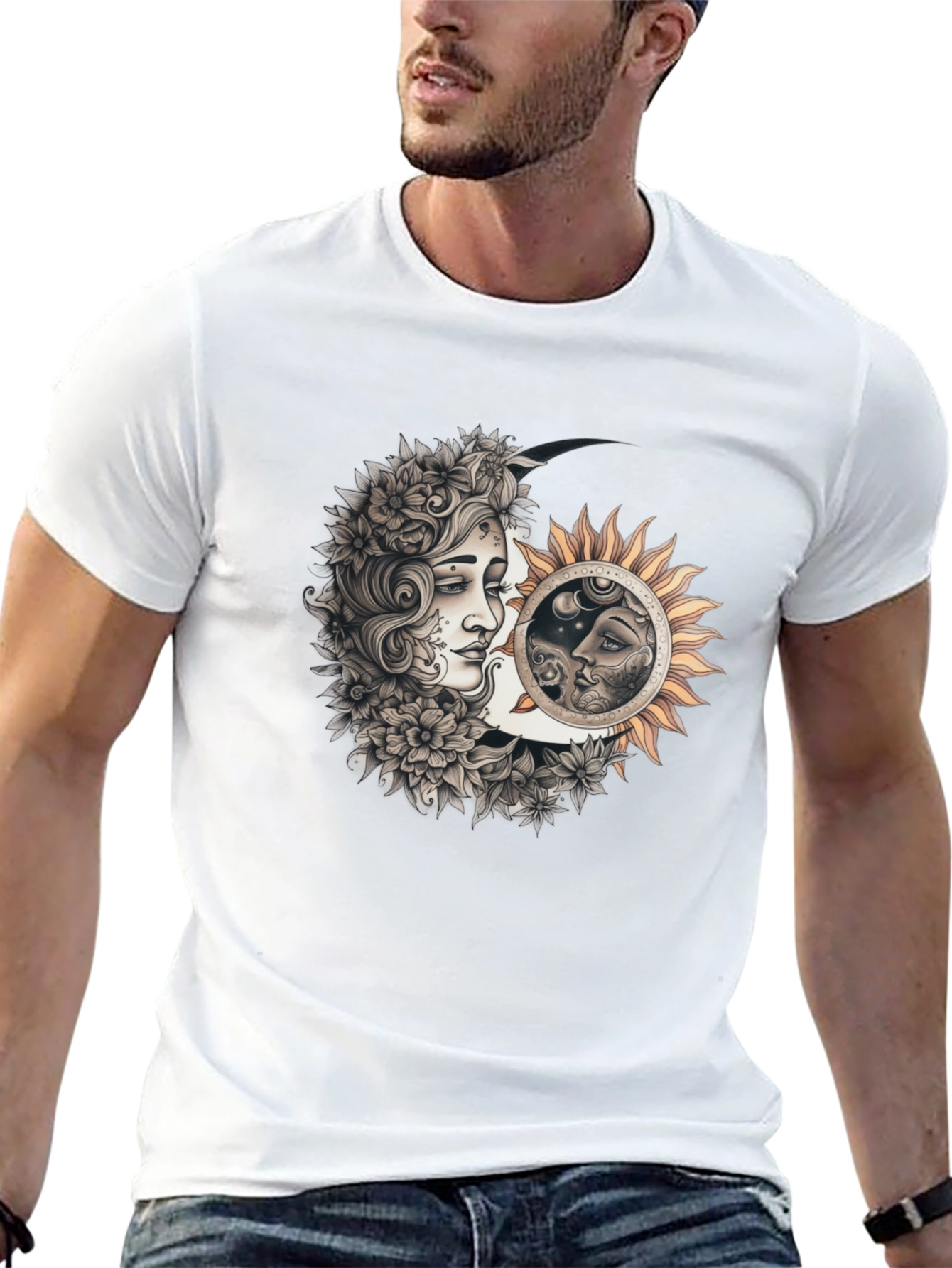 Camiseta Hombre Diseño Sol y Luna Místico