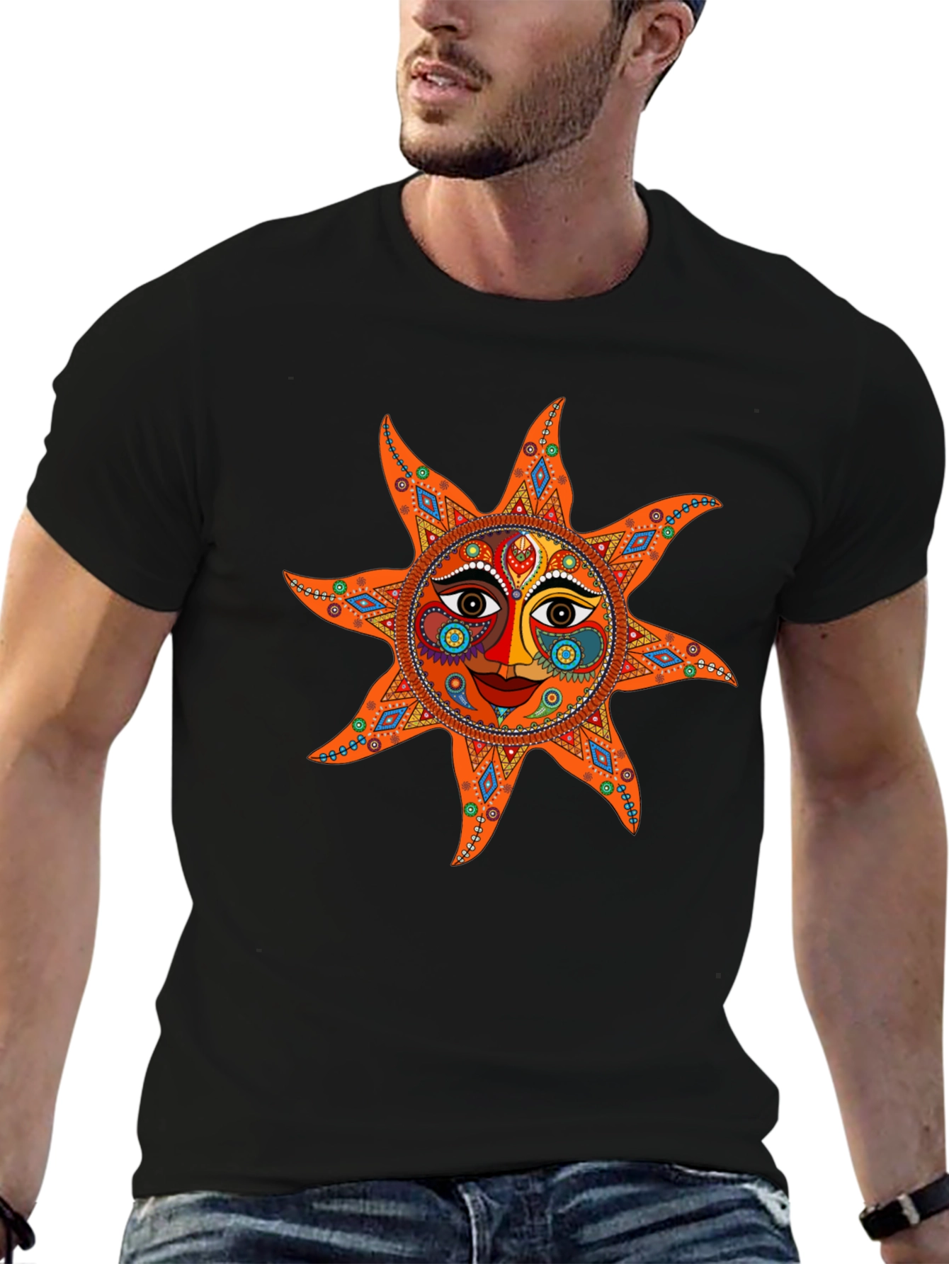 Camiseta Negra con Diseño de Sol Azteca