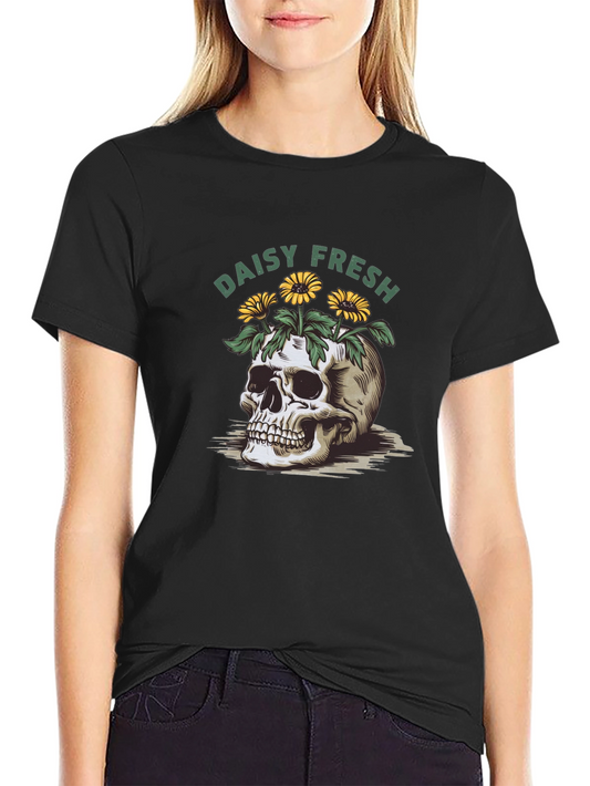 Camiseta Negra Daisy Fresh con Diseño de Calavera Floral