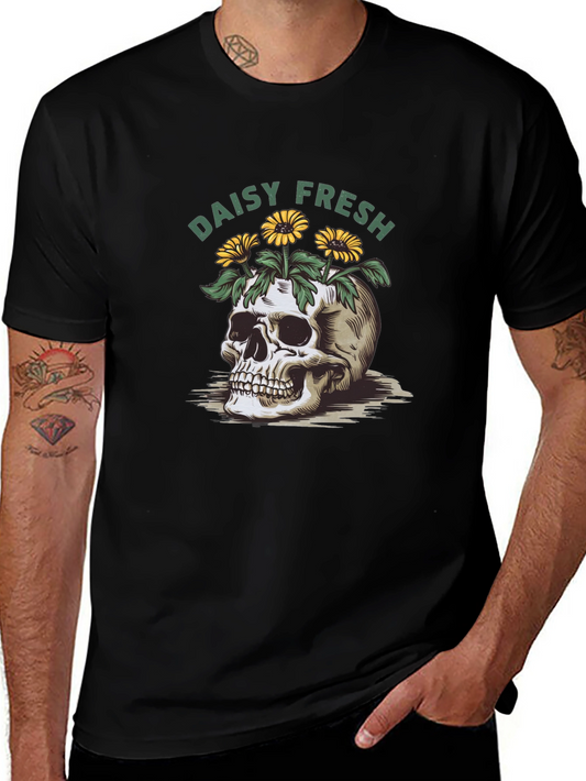 Camiseta Negra Daisy Fresh con Diseño de Calavera Floral